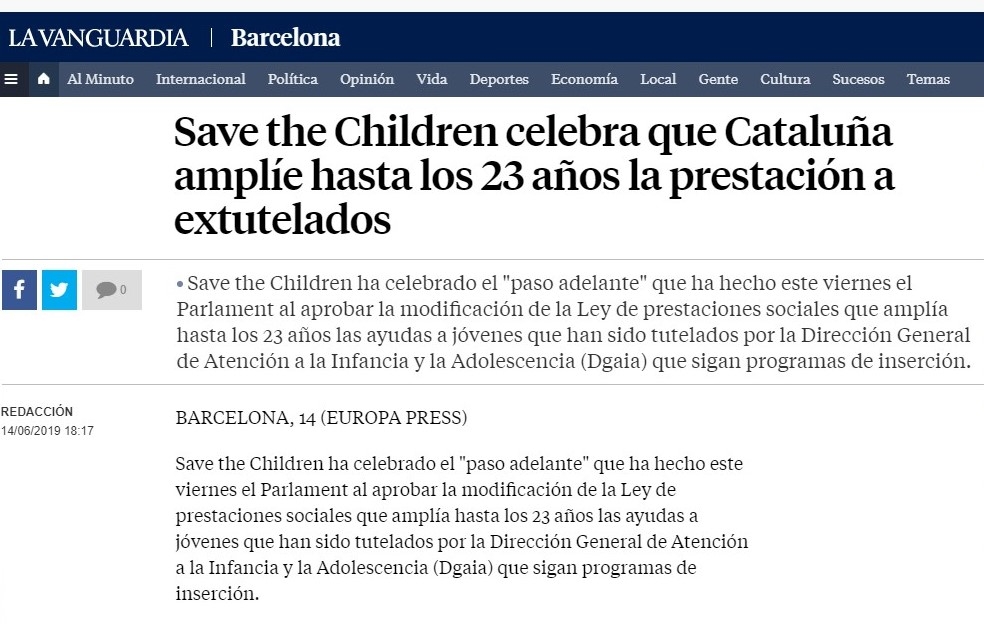 Me he alegrado tanto de verlos celebrando esto que me parece obligatorio compartirlo con toda la comunidad. Estamos de enhorabuena!!!

https://www.lavanguardia.com/local/barcelona/20190614/462864810317/save-the-children-celebra-que-cataluna-amplie-hasta-los-23-anos-la-prestacion-a-extutelados.html